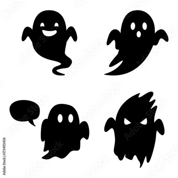 Obraz Spooky ghost collection. A collection of four different ghost characters in black silhouette form, perfect for Halloween themes. 