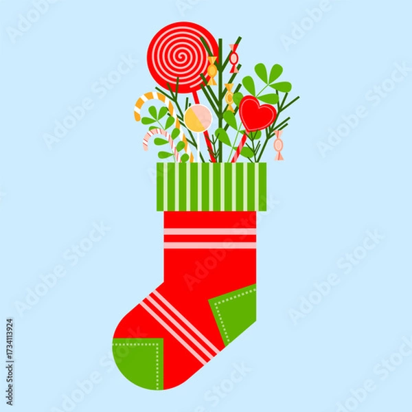 Fototapeta Seamless vector Christmas pattern with red stockings filled with candies, lollipops, greenery, and ornaments on a soft background, perfect for festive textiles, wrapping, and decor.