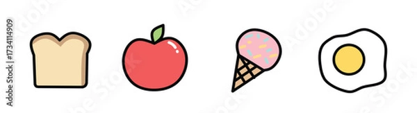 Fototapeta A Colorful Assortment of Food Icons Bread, Apple, Ice Cream, and Fried Egg for Design