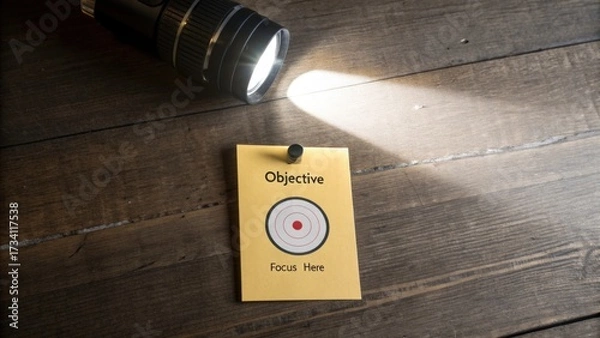 Fototapeta Spotlight on Objective with Focus Point on Yellow Note Card