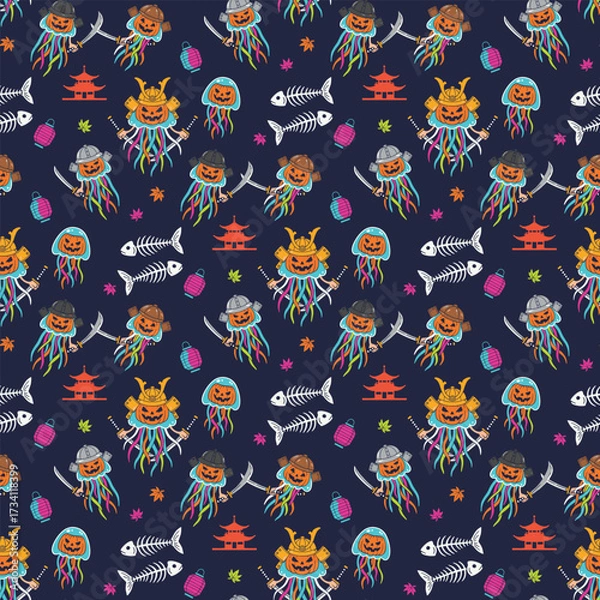 Fototapeta Seamless Halloween pattern with jellyfish samurais pumpkins and floating temples vector