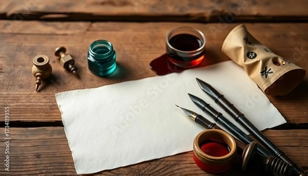 Fototapeta Elegant calligraphy nibs, inkwells, and paper arranged on a rustic wooden surface,  materials,  pen