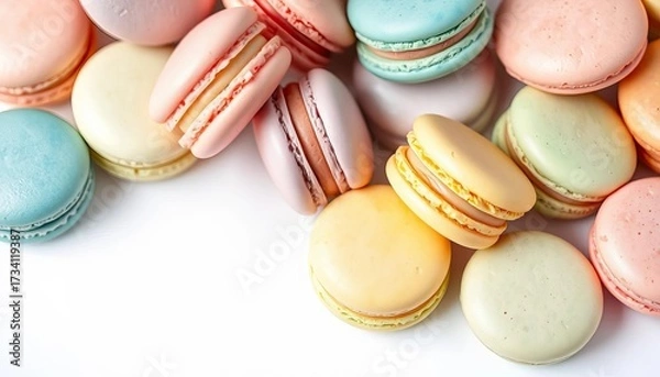 Fototapeta Delicate pastel macarons arranged on a white background, showcasing various colors and textures,  delicious,  french