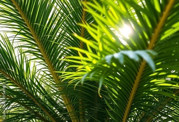 Fototapeta Fronds of a palm tree, lush green, sunlight filtering through,   plant texture,   green leaves