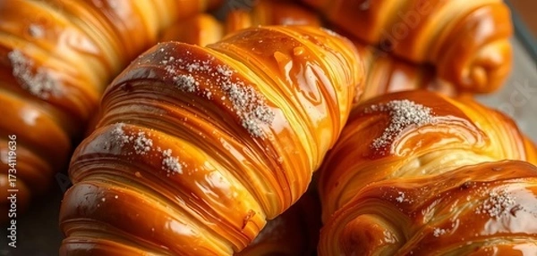 Fototapeta Golden-brown croissants, flaky layers, buttery texture,  shadow,  overhead