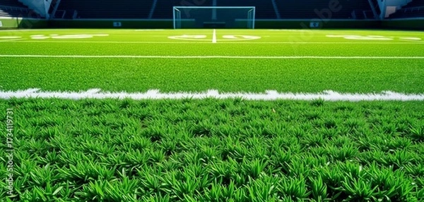 Fototapeta Green artificial turf football field, yard lines visible,  surface,  athletics