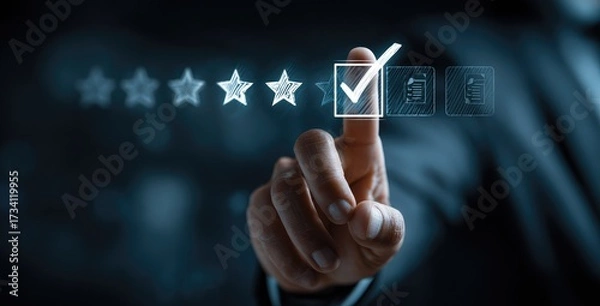 Obraz A hand selecting a checkmark in a digital feedback system, accompanied by star ratings