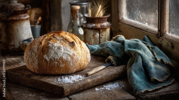 Obraz Rustic loaf of bread on wooden board, near window