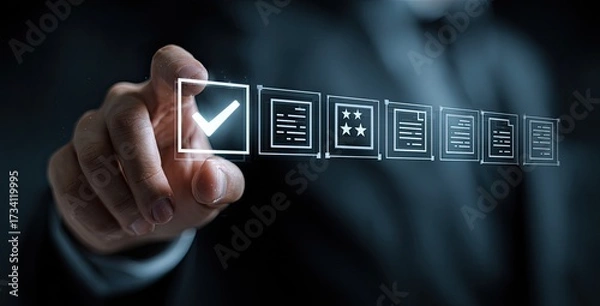 Obraz Businessperson selecting a checkmark on a digital document list