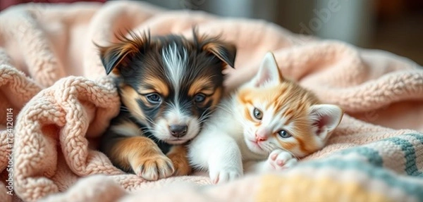 Fototapeta Playful puppy and kitten cuddling on soft blanket, cute animals, friends