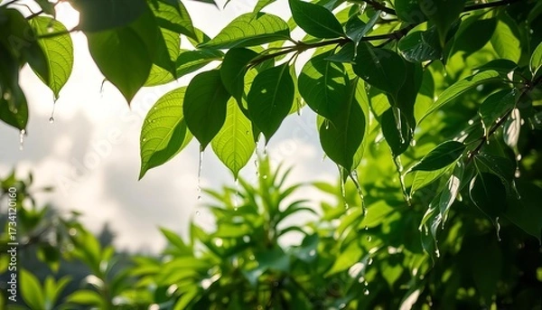 Fototapeta Raindrops cascading on lush green leaves, sunlight filtering through clouds, sunlight, picture