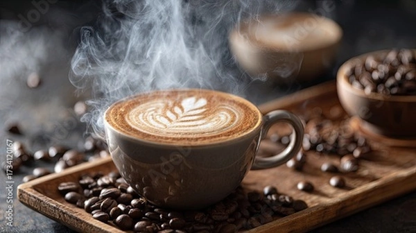 Obraz Steaming latte art in a gray cup, surrounded by coffee beans