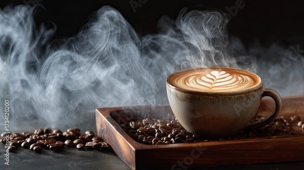 Obraz A steaming cup of latte art on a wooden tray