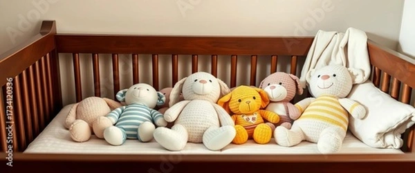 Fototapeta Soft plush toys arranged on a crib, ready for sleep, sheet, cute