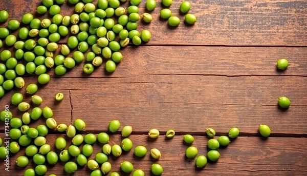Fototapeta Vibrant green beans scattered on rustic wooden surface,  diet,  nature