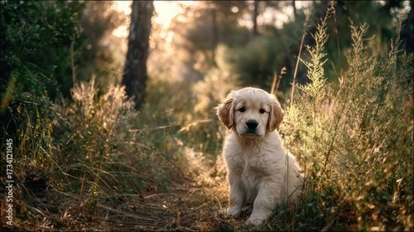 Obraz Golden retriever puppy sits in sunlit forest path