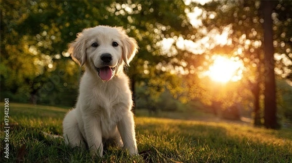 Obraz Golden retriever puppy sits in grass, golden sun shines through trees