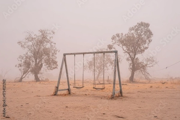 Obraz Empty playground swings in a dusty, hazy landscape