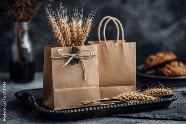 Fototapeta Simple kraft paper bags adorned with wheat stalks