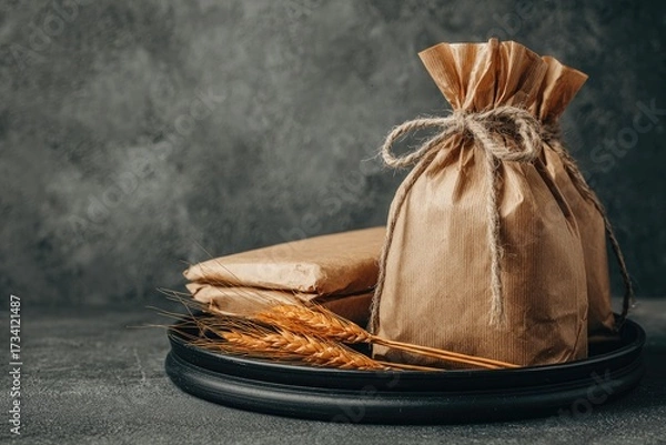 Obraz Rustic kraft paper bags and wheat on a tray