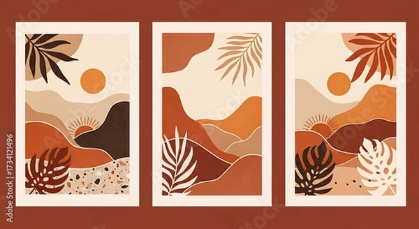 Obraz A set of three boho minimalist landscape art prints featuring warm terracotta tones, abstract mountains, tropical leaves, and sun elements for home decor and wall art
