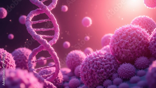 Obraz Digital illustration of DNA helix surrounded by pink microorganisms, showcasing intricate world of biology and genetics