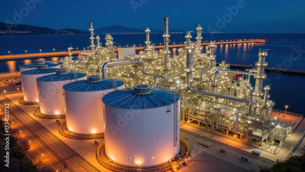 Obraz Industrial facility at night with illuminated storage tanks and pipelines, reflecting on water, showcasing modern energy infrastructure
