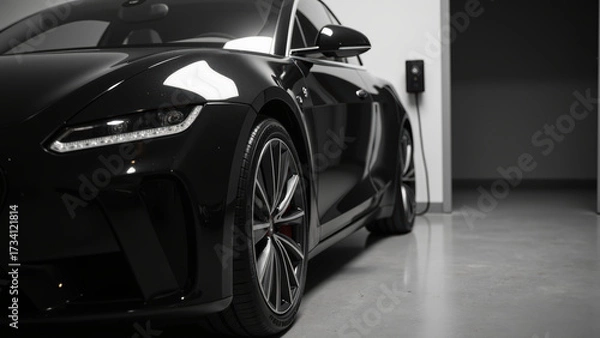Obraz Sleek black electric vehicle parked in modern garage, showcasing its stylish design and advanced technology