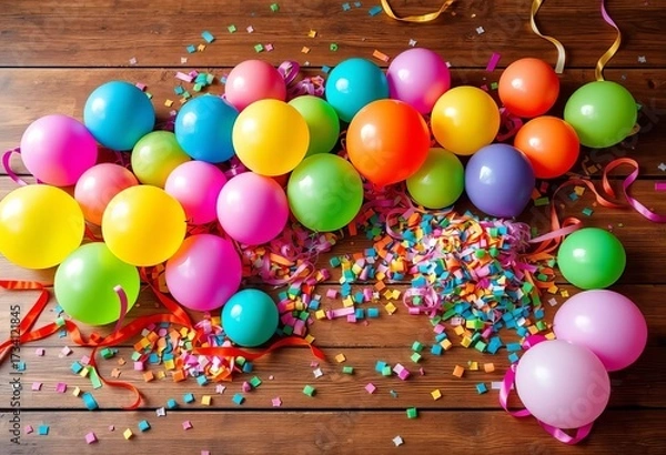 Fototapeta Colorful balloons, confetti, and streamers scattered on a wooden table,  close-up,  sprinkles