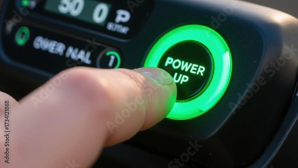 Obraz Power up button being pressed glowing green light technology interface user interaction modern device close up shot digital display control panel