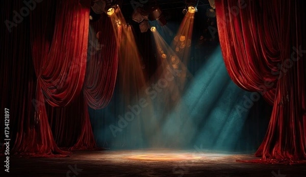 Obraz A dark theatrical stage, bathed in spotlights