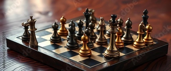 Fototapeta Intricate chessboard, pieces arranged mid-game, dark wood grain,   sharp,  chess pieces