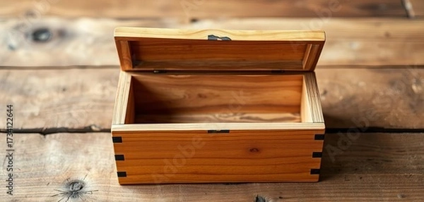 Fototapeta Rustic handcrafted pinewood box, lid ajar, showing interior grain,  open box,  blank