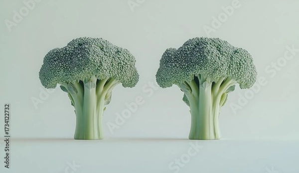 Obraz Two identical, light-green broccoli heads,  symmetrically positioned against a pale, neutral backdrop