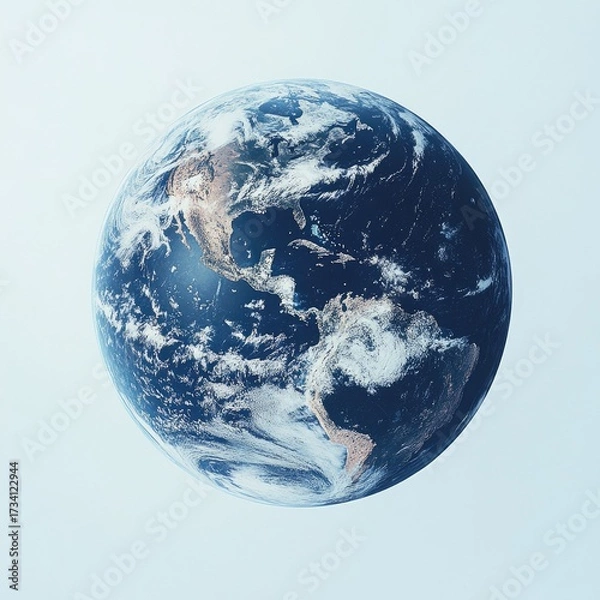 Obraz Earth globe, detailed view, centered on a light-blue background.  The globe showcases continents, oceans, and atmospheric clouds in realistic detail