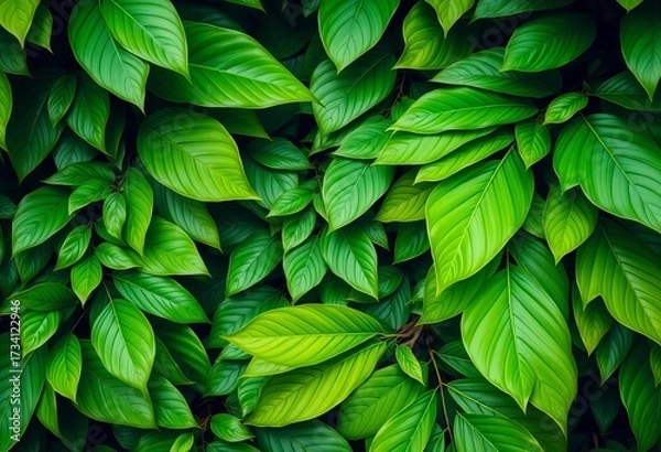 Fototapeta Vibrant green tropical leaves, lush and dense, forming a textured background,  element,  summer