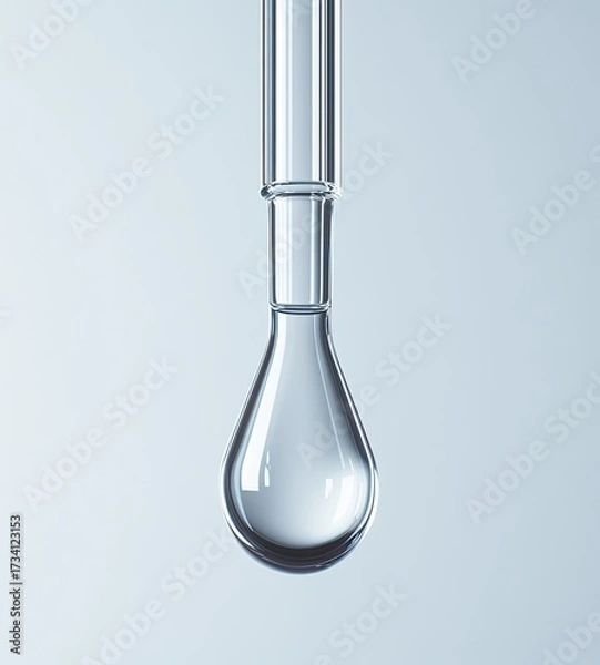 Obraz Clear liquid droplet hanging from a glass dropper.  A close-up, high-quality,?scientifically precise image of a single drop