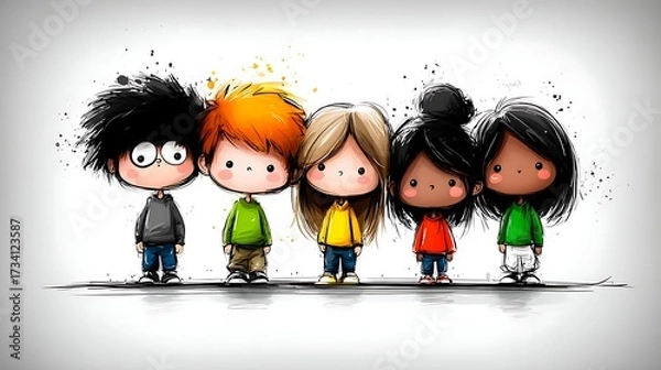 Fototapeta group of five cartoon doodle-style kids stand together against a gray artistic background.