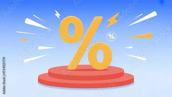 Fototapeta Stage podium vector illustration. Round pedestal with percentage and flash icons with wind effect on blue background. Discount offer, sale template

