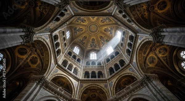 Fototapeta Inside a grand cathedral, looking up at a golden dome.  Sunlight streams through a high window