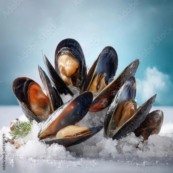 Fototapeta Fresh mussels on ice, displayed with their shells open, highlighting their orange flesh against a blue sky background.