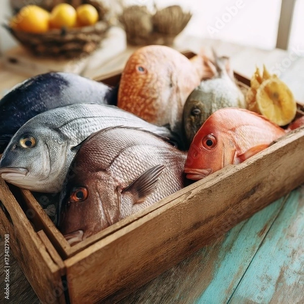 Fototapeta A rustic wooden crate filled with various colorful whole fish displayed on a weathered blue surface.