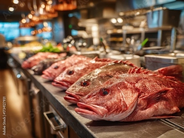 Fototapeta Fresh whole red fish lined up on a counter in a well-lit restaurant kitchen, ready for preparation.