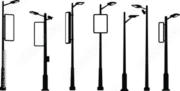 Fototapeta Streetlight silhouette design, urban lamp post, surveillance camera pole, modern city lighting, minimal lamp post, digital signage pole, infrastructure, smart technology
