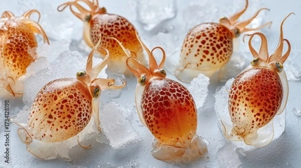 Fototapeta Fresh small squids with reddish spots displayed on crushed ice, highlighting their translucent bodies and tentacles.