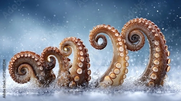 Fototapeta Four octopus tentacles emerging from water with droplets splashing around, set against a blue background.