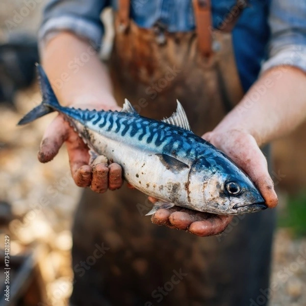 Fototapeta A person wearing an apron and denim shirt holds a freshly caught mackerel with muddy hands.