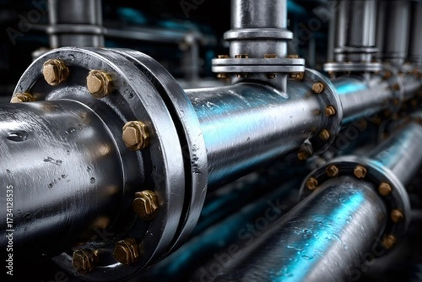 Obraz Industrial pipeline system conveying fluid with steel flanges