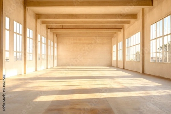 Obraz Empty concrete warehouse interior with sunlight and shadows