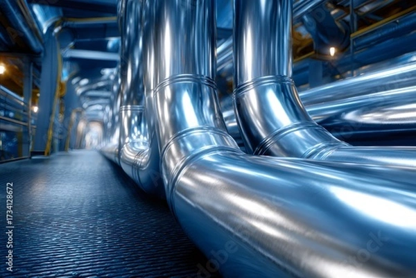 Obraz Industrial facility with multiple steel pipelines carrying fluid